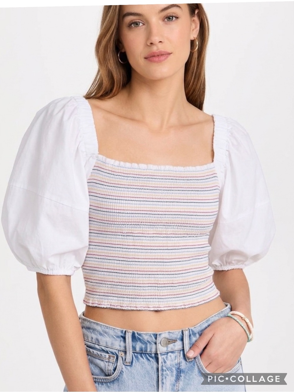 Sokie Collective White Smocked Puff Sleeve Top Crop NWT L Boho Peasant